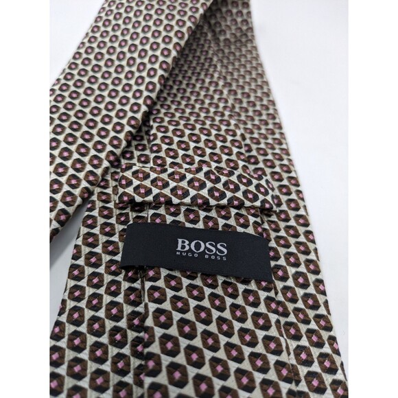 HUGO BOSS Men's Designer Silk Neck Tie Made In Italy Cream Brown Pink Geometric - Picture 3 of 6